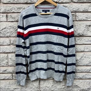 Tommy Hilfiger Men's Crewneck Sweater in Gray with Navy and Red Stripes